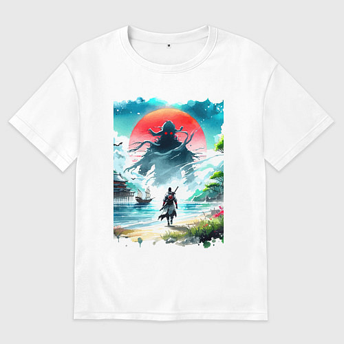 Женская футболка оверсайз Призрак Цусимы - самурай на берегу озера / Белый – фото 1