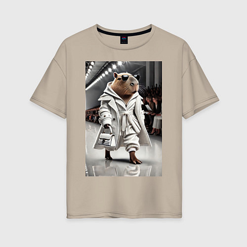 Женская футболка оверсайз Модный капибара манекенщик - дефиле животных / Миндальный – фото 1