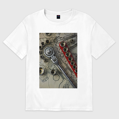 Женская футболка оверсайз Трещотка ключ и чертеж / Белый – фото 1