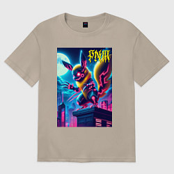 Футболка оверсайз женская Ужасный Пикачу на крыше небоскрёба - хэллоуин, цвет: миндальный