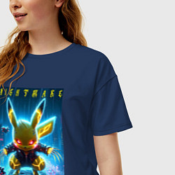 Футболка оверсайз женская Cyber Pikachu - neon glow ai art, цвет: тёмно-синий — фото 2