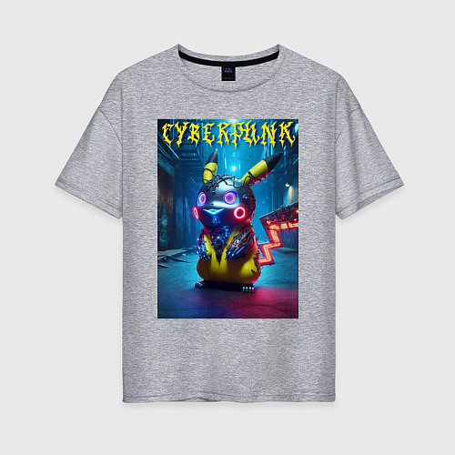 Женская футболка оверсайз Cyberpunk - cool Pikachu neon glow / Меланж – фото 1
