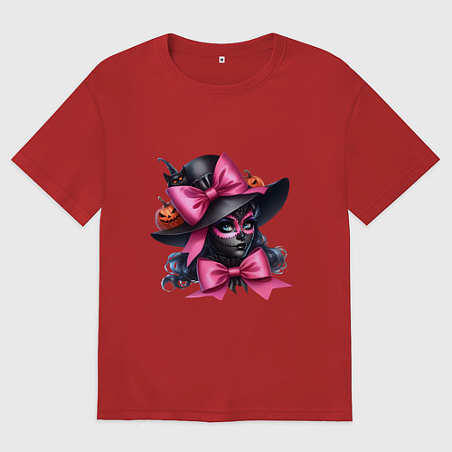 Женская футболка оверсайз Девушка в гриме кошки и в черной шляпе и с розовым / Красный – фото 1