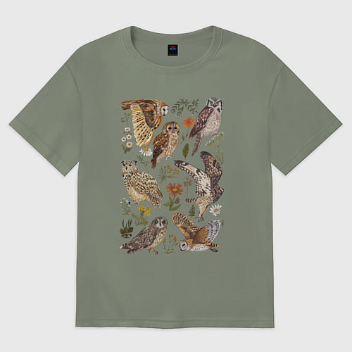 Женская футболка оверсайз Разные совы и цветы / Авокадо – фото 1