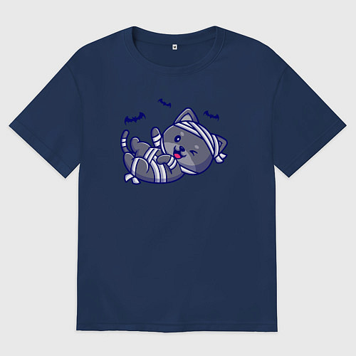 Женская футболка оверсайз Котик-мумия и летучие мыши / Тёмно-синий – фото 1