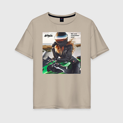 Женская футболка оверсайз Девушка на мотоцикле Kawasaki ninja- память / Миндальный – фото 1