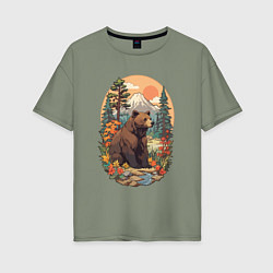 Футболка оверсайз женская Медведь в лесу на фоне гор, цвет: авокадо