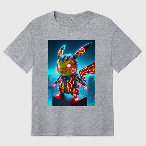 Женская футболка оверсайз Неоновый Пикачу вампир - нейроарт киберпанк аниме / Меланж – фото 1