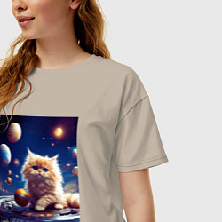 Футболка оверсайз женская Котик космос, цвет: миндальный — фото 2