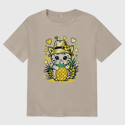 Женская футболка оверсайз Котик с ананасами / Миндальный – фото 1