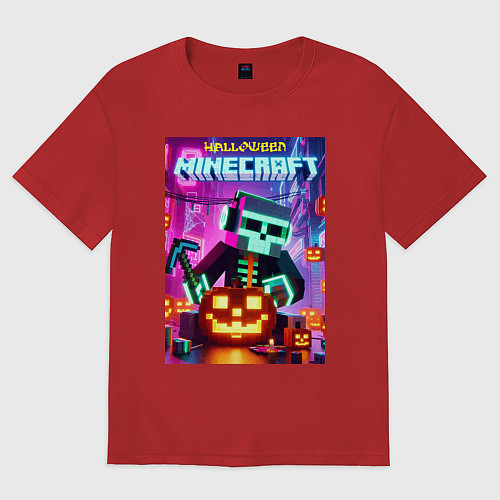 Женская футболка оверсайз Skeleton and pumpkin - neon glow / Красный – фото 1