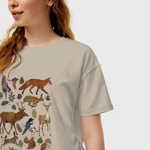Женская футболка оверсайз Лесные животные и птицы / Миндальный – фото 3