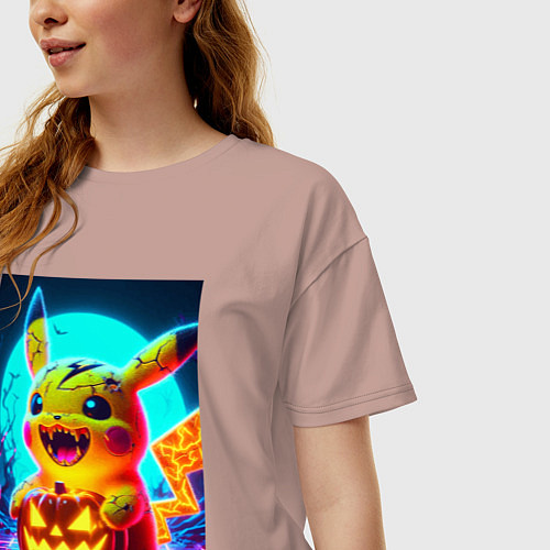 Женская футболка оверсайз Пикачу зомби с тыквой - хэллоуин / Пыльно-розовый – фото 3