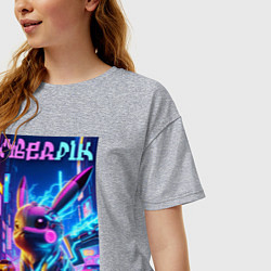 Футболка оверсайз женская Кибер Пикачу - неоновое свечение, цвет: меланж — фото 2