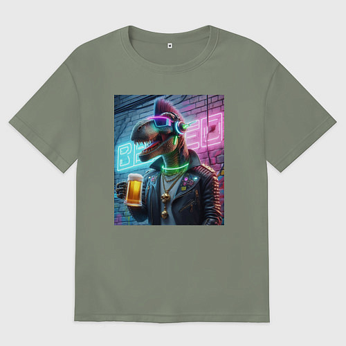 Женская футболка оверсайз Dinosaur dude with a beer mug wearing headphones a / Авокадо – фото 1