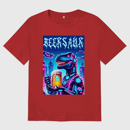 Женская футболка оверсайз Кибер пивозавр из будущего - нейроарт / Красный – фото 1
