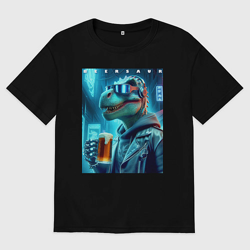 Женская футболка оверсайз Крутой чувак Дино с кружкой пива - нейроарт / Черный – фото 1