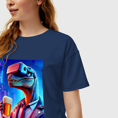 Женская футболка оверсайз Пивозавр в виртуальных очках - нейроарт / Тёмно-синий – фото 3
