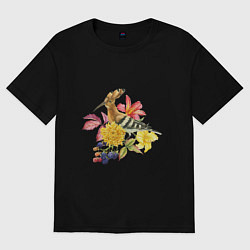 Футболка оверсайз женская Осенний букет и птица удод, цвет: черный