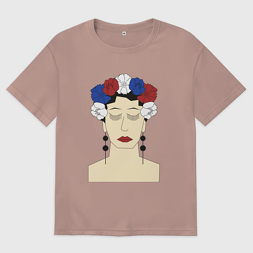 Женская футболка оверсайз Женский портрет: девушка в венке триколор / Пыльно-розовый – фото 1