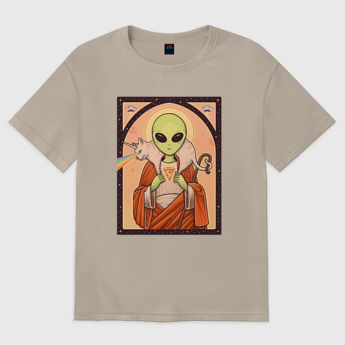 Женская футболка оверсайз Пришелец и кот-единорог / Миндальный – фото 1