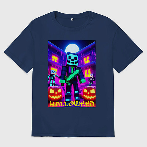 Женская футболка оверсайз Halloween and Minecraft - neon collaboration / Тёмно-синий – фото 1