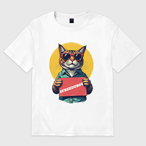 Женская футболка оверсайз Сat with a poster / Белый – фото 1