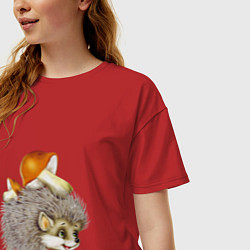 Футболка оверсайз женская Добрый ежик с грибами, цвет: красный — фото 2