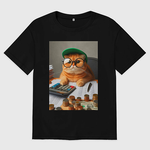 Женская футболка оверсайз Рыжий кот - бухгалтер / Черный – фото 1
