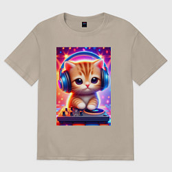 Футболка оверсайз женская Cutie kitten DJ - neon glow, цвет: миндальный