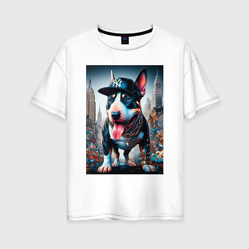 Женская футболка оверсайз Funny bull terrier in New York - ai art / Белый – фото 1