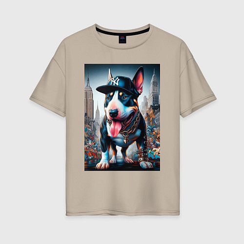 Женская футболка оверсайз Funny bull terrier in New York - ai art / Миндальный – фото 1