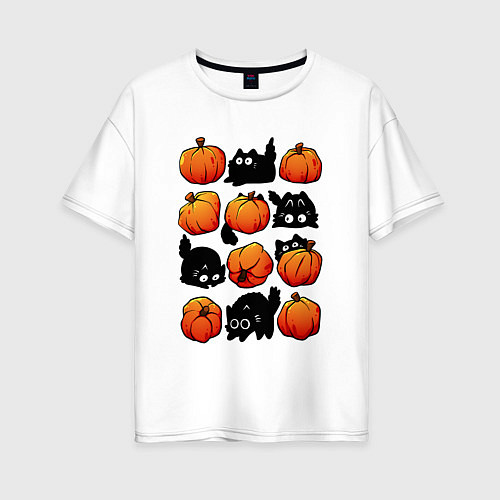 Женская футболка оверсайз Котики и тыквы / Белый – фото 1