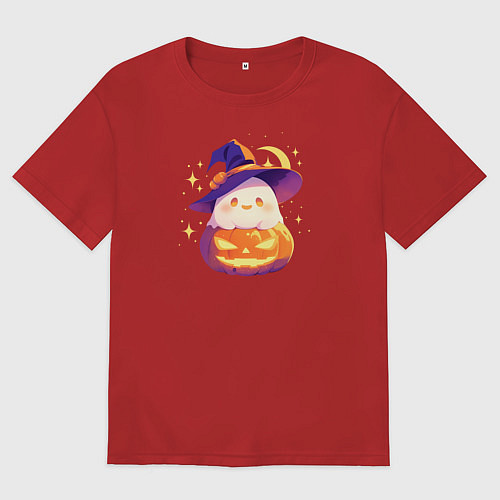 Женская футболка оверсайз Приведение на тыкве / Красный – фото 1