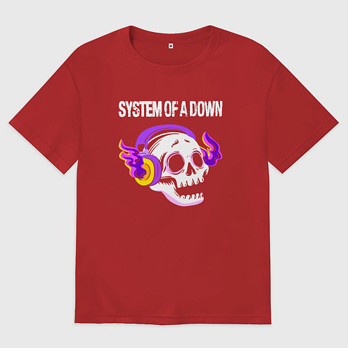 Женская футболка оверсайз System of a Down - неоновый череп / Красный – фото 1