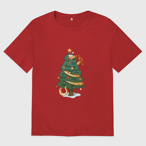 Женская футболка оверсайз Новогодняя змея символ 2025 года на елке / Красный – фото 1