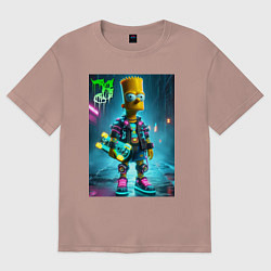 Футболка оверсайз женская Барт Симпсон со скейтбордом под проливным дождём -, цвет: пыльно-розовый