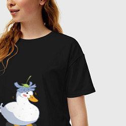 Футболка оверсайз женская Милая уточка гусь с цветочком на голове, цвет: черный — фото 2