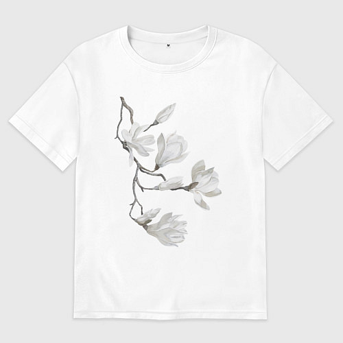 Женская футболка оверсайз Цветы акварелью ветки магнолии / Белый – фото 1