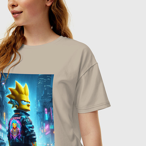 Женская футболка оверсайз Чувак Барт Симпсон со скейтбордом под дождём - ней / Миндальный – фото 3