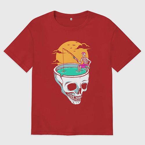 Женская футболка оверсайз Скелет на рыбалке / Красный – фото 1