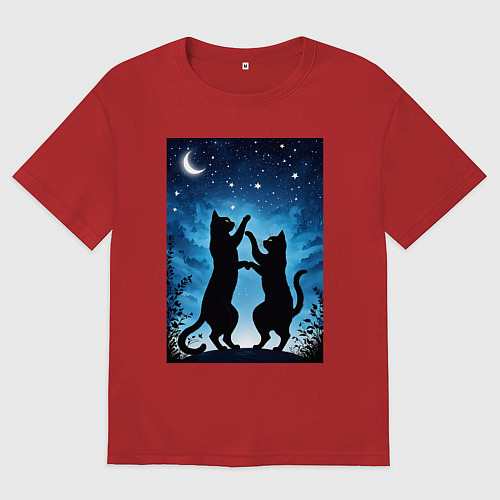 Женская футболка оверсайз Танцующие коты под звёздным небом / Красный – фото 1