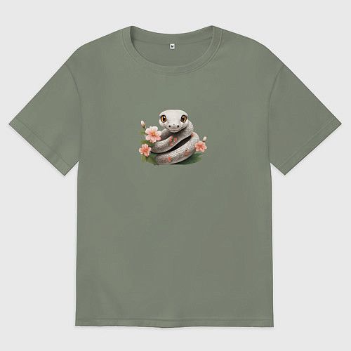 Женская футболка оверсайз Милая змейка в цветах / Авокадо – фото 1