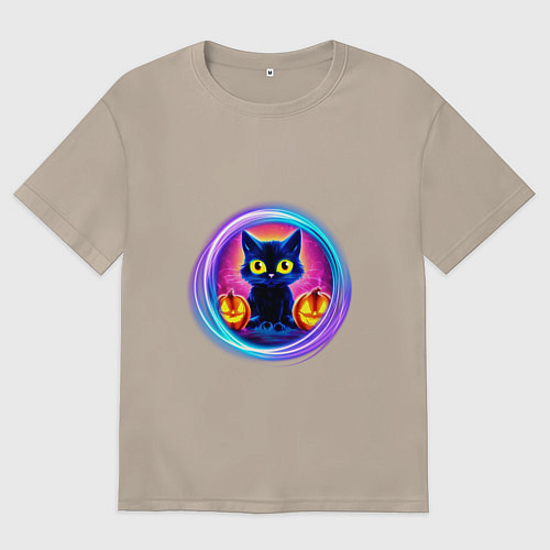 Женская футболка оверсайз Кот неоновый с тыквами / Миндальный – фото 1