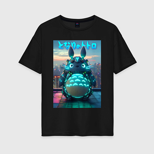 Женская футболка оверсайз Cyber Totoro - neon glow fantasy / Черный – фото 1