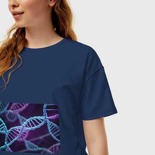 Женская футболка оверсайз Неоновые спирали ДНК / Тёмно-синий – фото 3