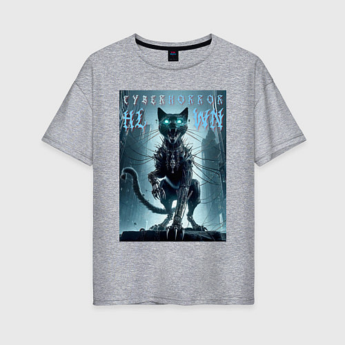 Женская футболка оверсайз Cyber black cat - halloween horror fantasy / Меланж – фото 1