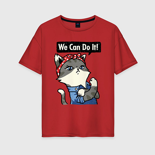 Женская футболка оверсайз We can do it - cat / Красный – фото 1