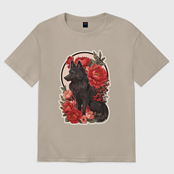 Футболка оверсайз женская Чёрный волк и красные цветы, цвет: миндальный