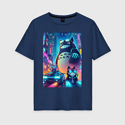 Футболка оверсайз женская Totoro and cats - cyberpunk, цвет: тёмно-синий